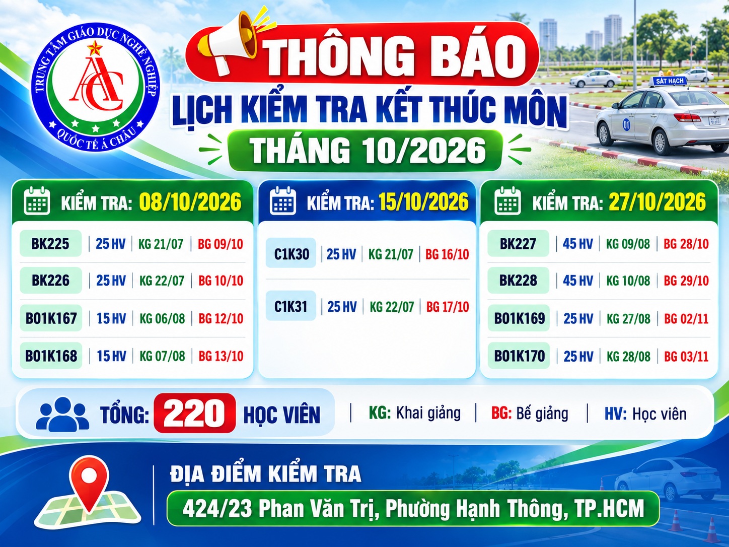 lịch kiểm tra kết thúc môn tháng 10/2026